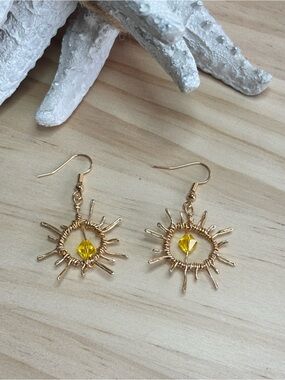 Gold Sunburst Drop Earrings with Yellow Crystal Accent